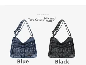 Front view of multi-layer denim crossbody bags with zipper pockets in blue and black colors