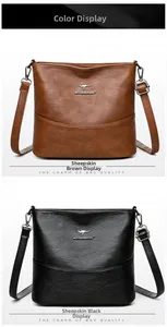 Detail of vintage soft sheepskin leather textures and logo on black and brown crossbody bags