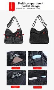 Detailed view of gray denim crossbody bag with multiple storage pockets and compartments