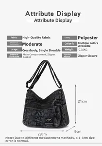 Detailed size and material diagram for the black washed denim crossbody bag for women