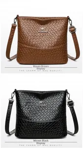 Close-up of woven texture detail on brown and black bucket bags with metal hardware
