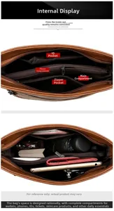 Detailed view of the brown leather tote interior with multiple compartments and pockets
