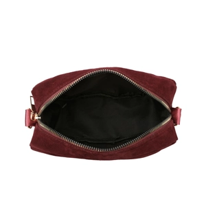 Burgundy velvet crossbody camera bag with gold zipper and spacious black interior lining