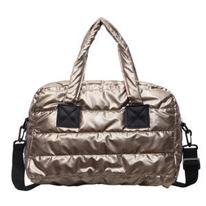 Quilted metallic gold fitness travel bag with large capacity and black shoulder strap