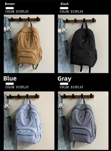Color display of nylon travel backpacks in brown, black, blue, and grey with multi-pockets