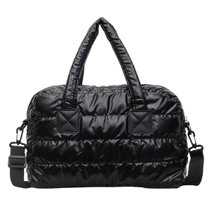Quilted nylon fitness travel bag in black with detachable shoulder strap and handles