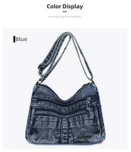Detail of blue denim crossbody bag with multiple zipper pockets and kangaroo metal logo
