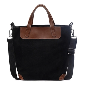 Borsa tote retrò in pelle scamosciata nera con finiture in pelle marrone e tracolla