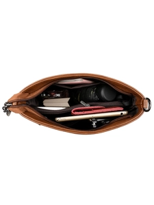 Brown bucket bag with large capacity and multi-layer interior storage for essentials