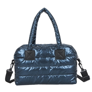 Dark blue metallic quilted down tote bag with padded handles and adjustable strap
