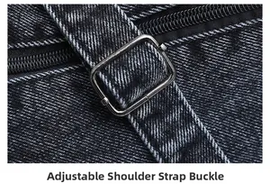 Detailed macro view of adjustable metal buckle and zipper on washed denim shoulder bag