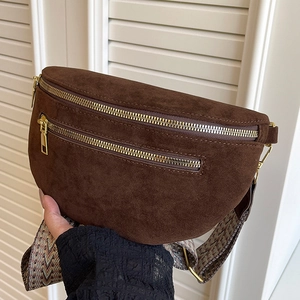 Vintage Suede Crossbody Bag For Women Wide Ethnic Jacquard Strap Multi Zipper Half Moon Chest Belt Bag Fashionable