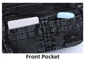 Detailed macro view of denim shoulder bag featuring front pockets and metal kangaroo logo