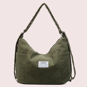 Dunkelgrüne Cord-Hobo-Tasche im japanischen Stil mit verstellbarem Riemen und Design