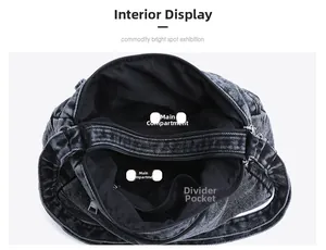 Detail view of denim crossbody bag interior featuring dual main compartments and a zipper pocket