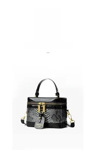 Close-up of retro box handbag with faux snakeskin patch and gold double zippers