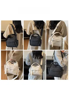 Detailed views of versatile nylon crossbody bags in black and beige showing carrying options