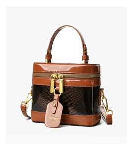 Detail of vintage box handbag with snake print panels and polished hardware