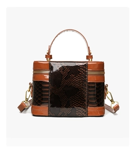 Close-up of vintage box bag with glossy finish and snakeskin pattern detailing