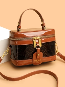 Close-up of vintage brown box handbag featuring snakeskin pattern and gold hardware