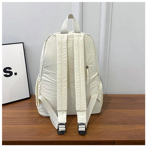 Detail view of the nylon backpack back with padded straps and hidden zipper pocket
