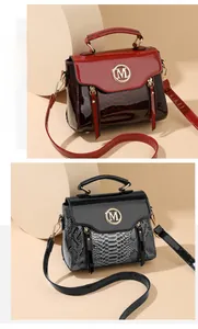 Detail of snake pattern texture and golden M logo on vintage red and black bags