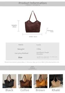 Tableau des tailles détaillé pour grand sac fourre-tout en daim avec dimensions