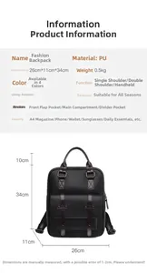 Vue détaillée montrant les dimensions et la grande capacité de ce sac à dos noir en cuir PU
