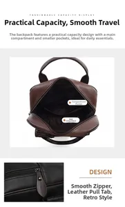 Détail d'un sac à dos vintage en cuir montrant l'intérieur spacieux et les fermetures éclair