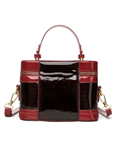 Detail of red patent leather and snake pattern patchwork box bag with gold metal hardware