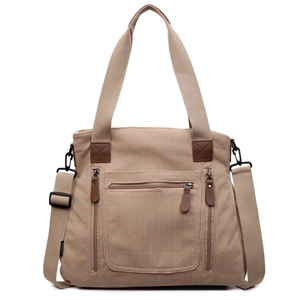 Grand sac fourre-tout en velours côtelé kaki avec doubles poignées et bandoulière réglable