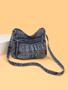 Lazy style multi-layer denim crossbody bag with adjustable strap and washed texture