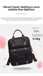 Détail du sac à dos léger 0,5kg en cuir PU noir grainé avec des lanières marron chic