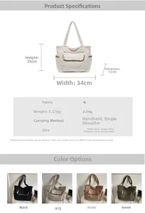 Detailed size specifications for corduroy multi-pocket tote bag with strap dimensions