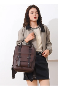 Détails du sac à dos en cuir PU marron foncé avec boucles métalliques vintage et texture