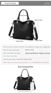 Detailed size chart of large black suede tote bag showing dimensions and pocket structure