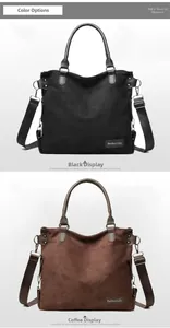 Detail view of large suede shoulder bags in black and coffee brown with adjustable straps