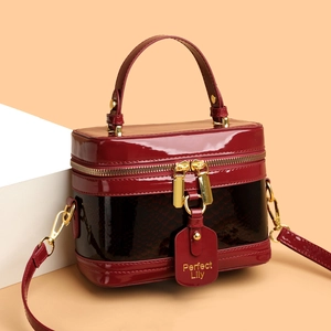 Deep red patent leather box bag with snakeskin patchwork and gold hardware