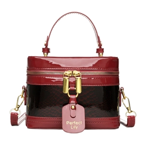 Retro burgundy vanity bag with faux snake skin texture and gold zippers in front view