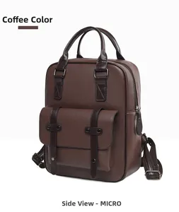 Vue détaillée du sac à dos marron en similicuir avec poche à rabat et boucle