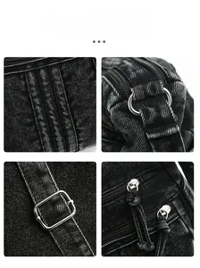 Détail du sac à main en denim noir avec boucles en métal argenté et coutures renforcées