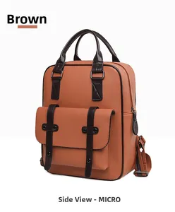 Vue latérale du petit sac à dos en cuir PU marron avec texture grainée et boucles métal