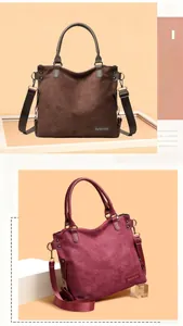Detail view of coffee brown and burgundy suede tote bags with adjustable straps