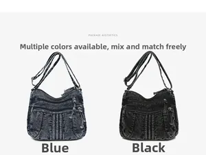 Détail des sacs bandoulière en denim multi-poches en coloris bleu et noir délavé