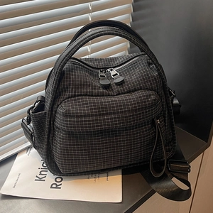 Japanese casual nylon crossbody bag with black and gray plaid pattern for daily commuting