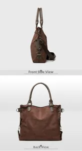 Detail view of brown suede tote bag featuring leather handles and bronze zipper hardware