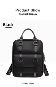 Détail frontal du sac à dos en cuir PU grainé noir avec poche à boucle métallique
