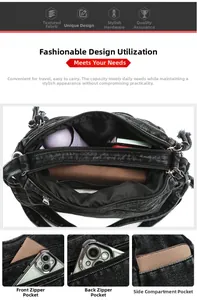 Détails du sac bandoulière en denim noir avec poches zippées et grande capacité