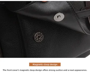 Détail du rabat en cuir PU noir grainé montrant le fermoir magnétique solide du sac à dos