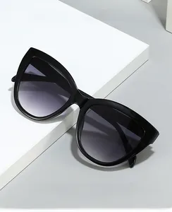 Detail of 2024 retro cat-eye glasses with glossy black frames and gradient grey lenses